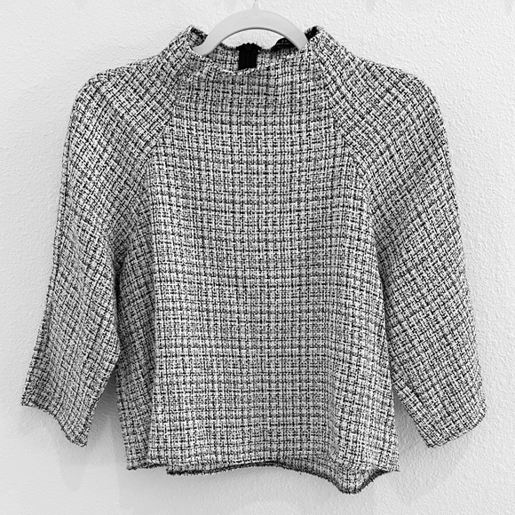Zara Tweed Boxy Preppy Mock neck Blouse Feminine Neutral 3/4 Sleeve - Picture 1 of 8